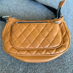 Olivia & Kate Crossbody Quilted Bag. Camel Color. Zipper‎ Top with front pocket.